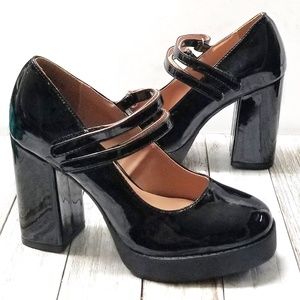 New Black Patent Mary Jane Platform Chunky Heel Pumps